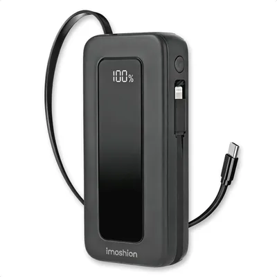 Produktbild von imoshion Powerbank mit ausziehbarem Kabel 10.000 mAh - Power Delivery - USB-C + Lightning - Schwarz