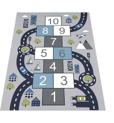Image de Tapis pour enfants Pour chambre d'enfants, tapis de jeu avec case à sauter et routes, gris Dimensions 100 x 200 cm