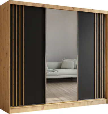 Produktbild von 240 cm Kleiderschrank Neli mit Lamellen und Spiegel inklusive 3 Schiebetüren Schwebetürenschrank (Farbe: Artisan, schwarz, Lamelle Artisan)