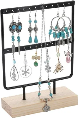 Image de Support à boucles d'oreilles à 2 niveaux - Rangement à bijoux - Présentoir à bijoux - Support à boucles d'oreilles noir - Base en bois - 24 compartiments - Rangement à bijoux