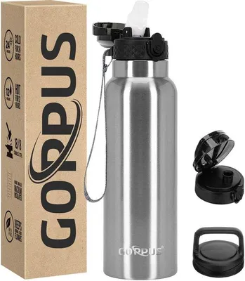 Image de Gourde en acier inoxydable de 750 ml avec paille, 3 couvercles, sans BPA, pour le sport