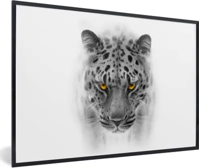 Produktbild von MuchoWow® Gerahmtes Poster Leopard - Schwarz - Weiß - Kopf 90x60 cm - Poster mit Schwarzem Bilderrahmen Wandposter Rahmen Foto Bilder - Fotorahmen - Foto-Plakat