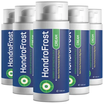 Multiple bottles of HondroFrost cream are displayed against a white background.