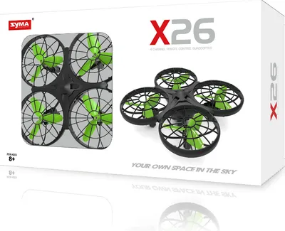 The image shows the retail packaging of a Syma X26 drone.