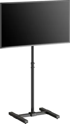 A black TV stand with a screen mounted on it, shown against a white background.