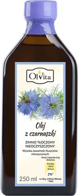 A bottle of Olvita cold-pressed black cumin oil with a label showing blue flowers.