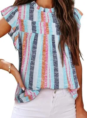 Produktbild von Damen Sommer Tanktop - Modische Rundhals-Top mit Kontrastfarben und Rüschen, Gestreifte ärmellose Bluse, E