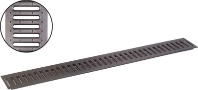 A long, narrow drainage grate with a close-up inset view of its pattern.