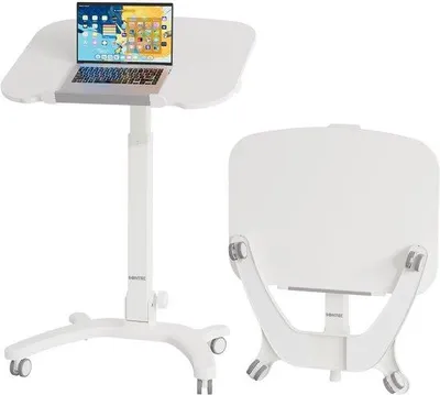 Image de Bureau d'ordinateur réglable en hauteur et pliable, sur roulettes, avec 4 roulettes – ergonomique et mobile, hauteur réglable de 75 à 111 cm, capacité de charge de 12 kg