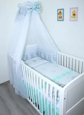 Produktbild von Primawela-Baby Bettwäsche Set- 5 teiliges Set mit Chiffon Himmel Bettset Nestchen - 4.Bärchen Minze