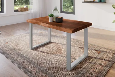 Produktbild von Esstisch 120 x 80 cm Akazie massiv nussbaum Baumkantentisch U-Gestell silber ATLAS