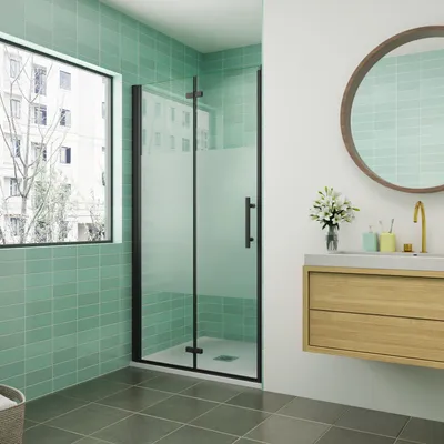 Produktbild von AICA Falttür Scharniertur 100x195cm,6mm NANO ESG Klarglas mit Milchglas-Folie,Faltbare Duschkabine,Komplett Mattschwarz,Nischentür Dusche Pendeltur