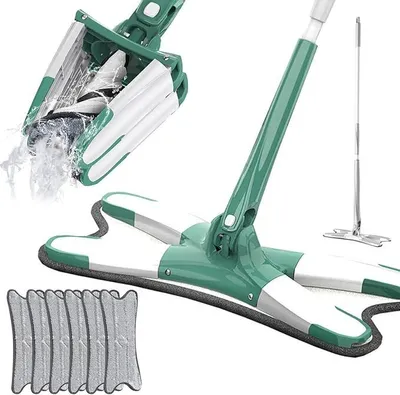 Produktbild von Bodenwischer X-förmiger großer Flachwischer, 360° drehbarer Flachwischer-Set, mit wiederverwendbaren Mikrofasermopps (Grün + 6 Pads)