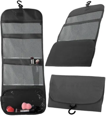 A black hanging toiletry bag is shown in multiple views: fully open and hanging, partially open, and folded.