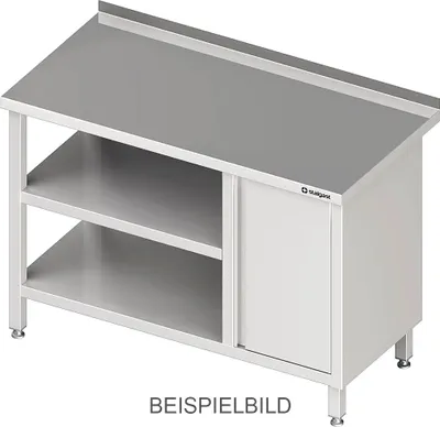 Produktbild von Arbeitstisch mit Grund- und Zwischenboden, 1000x600x850 mm, mit Flügeltürschrank links, ohne Aufkantung, verschweißt