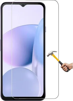 A smartphone screen protector is shown with a hammer about to strike it, demonstrating its durability.