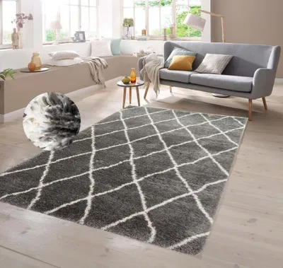 Produktbild von Teppich Shaggy Rautenmuster in grau creme Größe - 80 x 150 cm