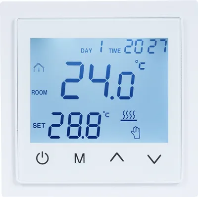 A digital thermostat display showing room and set temperatures, day, and time.