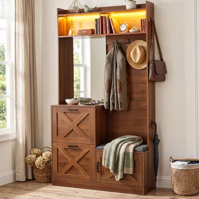 Produktbild von MODFU Garderoben-Set mit Spiegel und Sitzbank,Kompaktgarderobe mit 2 Schuhfächer,offene Fächer mit LED,100×25×180cm,Walnuss