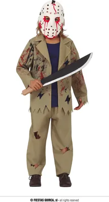 A child wearing a horror costume, holding a prop knife.