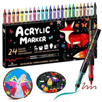 Produktbild von Acrylstifte 24 Farben, Wasserfest Permanent Marker mit Pinselspitze für Stein, Holz, Leinwand