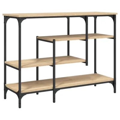 A console table with shelves against a white background.