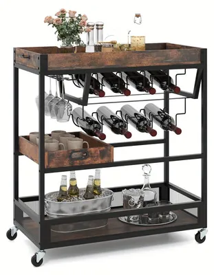 Immagine prodotto di Carrello bar - Carrello servitore - Carrello da cucina - Carrello per bevande - Carrello per vino - 3 livelli con vassoio rimovibile