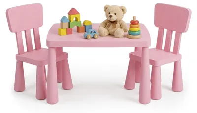 Immagine prodotto di Set di sedute per bambini Relaxdays, composto da 1 tavolino e 2 sedie, superficie facile da pulire, realizzato in plastica leggera, ideale per l'angolo giochi della cameretta, colore rosa