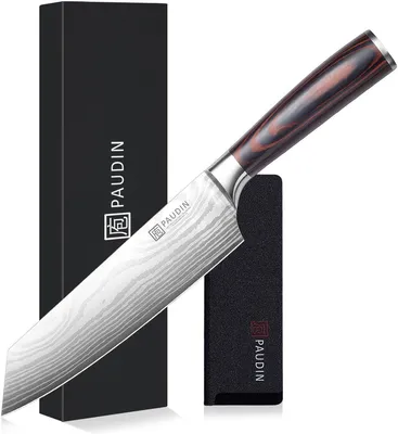Zdjęcie produktu dla PAUDIN N18 Kiritsuke – nóż kuchenny – 20 cm – profesjonalny nóż kuchenny – wzór damasceński – w zestawie osłona na nóż
