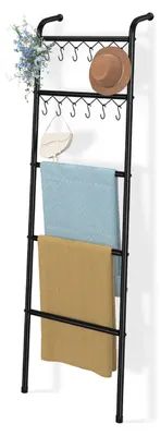 Immagine prodotto di Portasciugamani a scala, 200 cm, metallo, 5 ripiani, 12 ganci, nero, per bagno