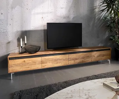 Produktbild von DELIFE Lowboard Stonegrace 240 cm Akazie Natur 4 Türen Fuß Oval Edelstahl