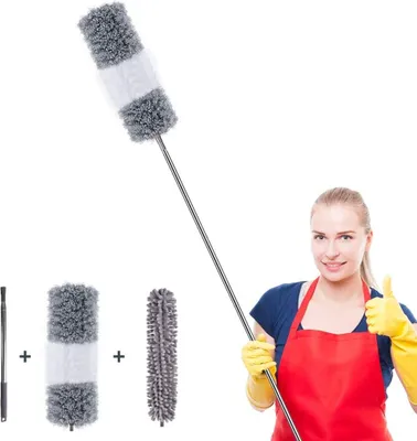 Produktbild von Staubwedel Teleskop Set mit 2 Köpfe Mikrofaser Staubwischer Waschbar, lang Edelstahl Teleskopstiel 45-257cm