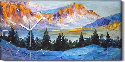 Produktbild von Leinwand Wanduhr Wandkunst Uhr 60x30 Malerei Winter Schnee Bäume Berge Natur - weiße Hände