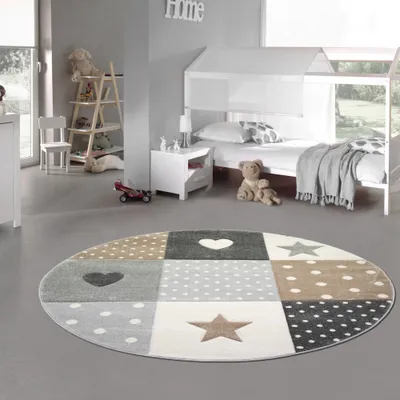 Produktbild von Kinderzimmer Teppich Spielteppich Herz Stern Punkte Design braun beige grau Größe - 120 cm Rund