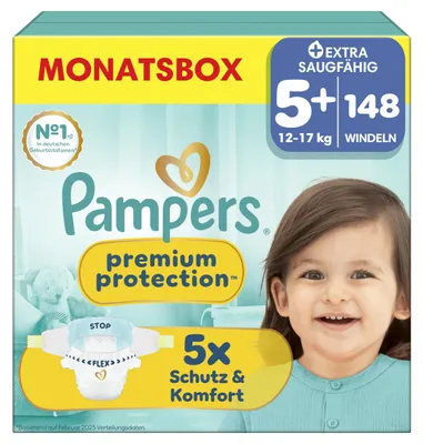 Produktbild von Pampers Premium Protection Größe 5+, 148 Windeln, 12kg-17kg