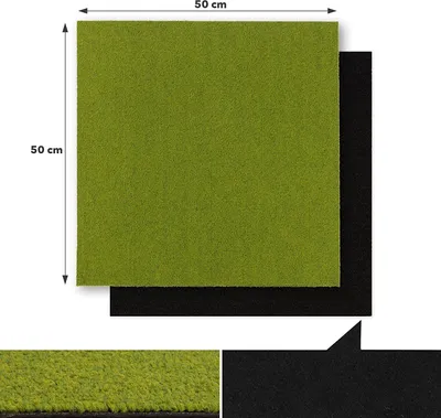 A square green carpet tile is shown with dimensions indicated, alongside a black backing tile.