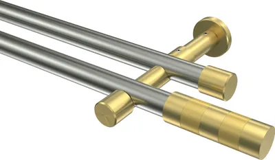 Produktbild von Interdeco Gardinenstange / Vorhangstange Edelstahl-Optik / Messing-Optik, Typ Prestige Mavell (Zylinder Bicolor) ohne Ringe, 20 mm Ø 2-läufig, 420 cm