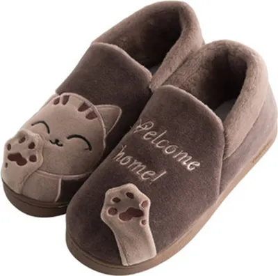 Produktbild von ASKSA Damen Herren Pluesch Baumwolle Hausschuhe Damen Herren Winter Warme Gefuettert weiche Pantoffeln mit Cartoon Katze rutschfeste Slippers Hause Indoor, Braun, Groesse: 44-45