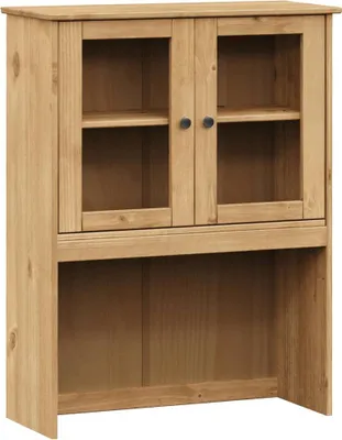 A wooden hutch with glass doors.