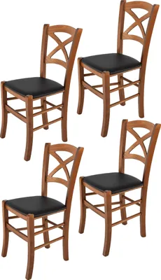 Four wooden chairs with black seats are arranged in a grid against a white background.