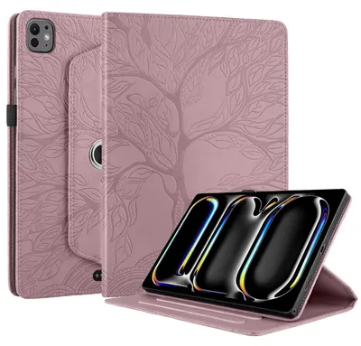 Image de Pour Apple iPad Pro 13 pouces 2024, étui en similicuir à motif d'arbre avec rotation à 360 degrés, rose