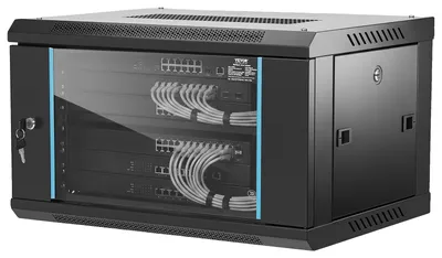 Imagen del producto de VEVOR, armario de servidor de red de 6U para montaje en pared, de 15,5 pulgadas de profundidad, carcasa para rack de servidores, capacidad máxima de carga de 200 lbs (aproximadamente 90 kg), con paneles laterales de vidrio con cerradura, ideal para equipos de TI y dispositivos de audio/video