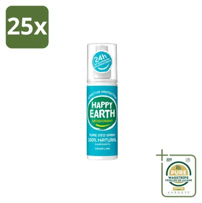 Obrázek produktu pro 25 kusů deodorantu ve spreji Happy Earth, vůně cedr a limetka – 100 ml – balení
