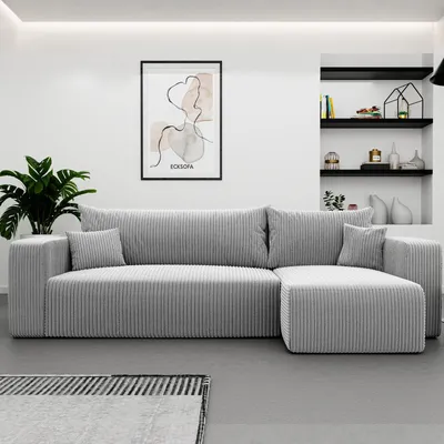 Produktbild von Ecksofa L-Form Castelo Poso 110 Hellgrau Cord mit Schlaffunktion und Bettkasten