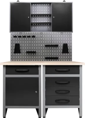 Produktbild von Ondis24 Metall Werkstatt Set 120 cm "Entdecker" 2x Werkbank  +  Schrank Arbeitshöhe 85 cm abschließbar höhenverstellbare Füße Arbeitsplatte Holz Werkstatteinrichtung Packtisch Werktisch Werkstatttisch Montagewerkbank Hängeschrank Werkzeugschrank Werkstattschrank Werkzeugwand Werkstattwand Werkzeughalter Lochblech Lochwand