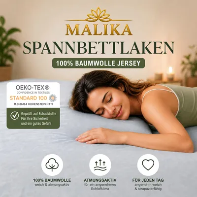 Produktbild von MALIKA Jersey Spannbettlaken mit Gummizug, allergikerfreundlich & schadstofffrei, für Matratzen 90x200-200x200 cm