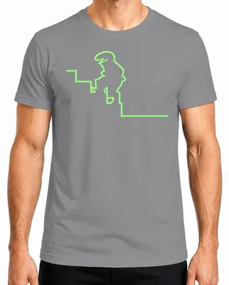 Productafbeelding van La Linea, T-shirt met streepjesfiguurtjes, trappenmotief, cult, Osvaldo Cavandoli, Badum-serie, heren, grijs, maat S