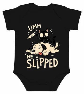 Image de UMM HE SLIPPED : Chat noir, chaton, couteau, chien, humour, sarcasme, dessin humoristique, body pour bébé, noir, taille 12/18