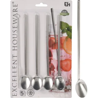Produktbild von Excellent Houseware Rvs Rietjes Met Lepel 4 Stuks + Schoonmaakborstel