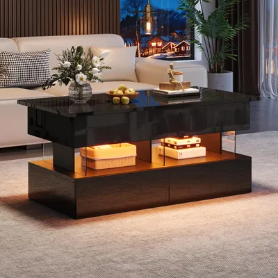 Image de Table basse réglable en hauteur, avec éclairage LED, 2 tiroirs et espace de rangement